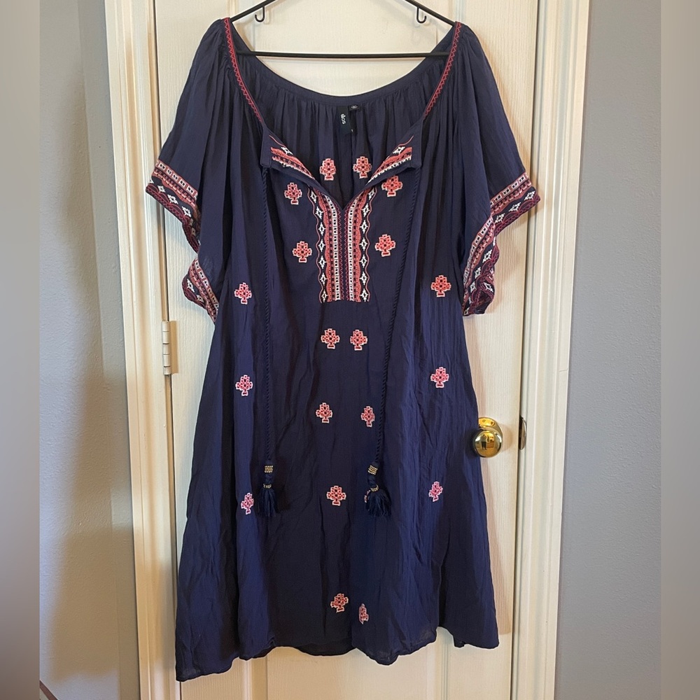 ellos Women's Plus Size Playa Shift Dress Navy Embroidered Boho 4x